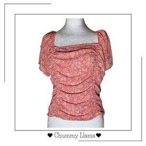Lush Pink Floral Blouse – Ruched Front, Smocked Back, Flutter Sleeves, Size L